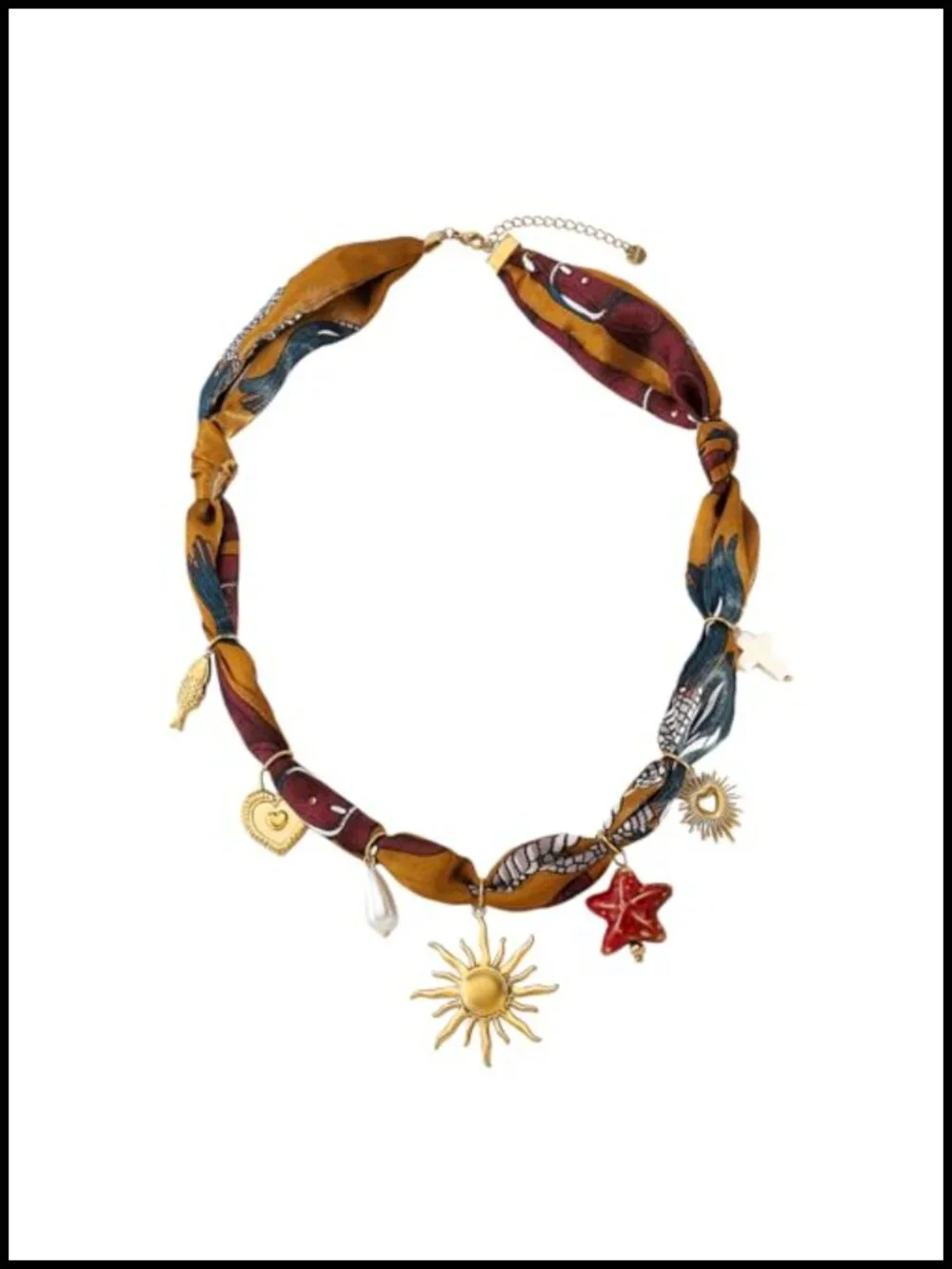Fabric Scarf Necklace with Sun Shell Butterfly Flower Charms